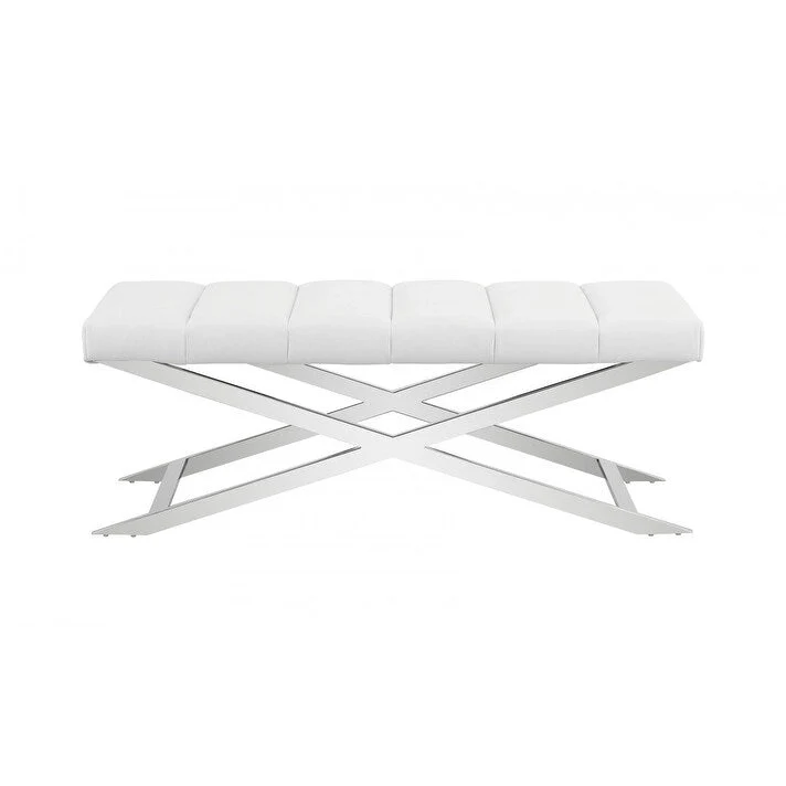 Cream and Wood Brown Upholstered Polyester Blend Bench - 55