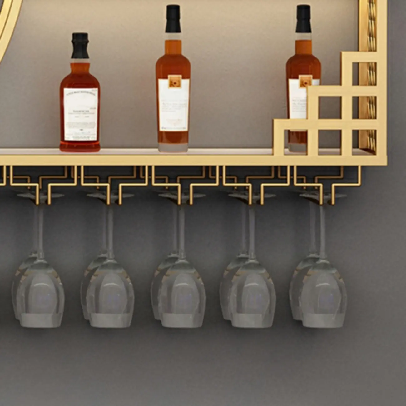 Multi-Shelf Gold Metal Wall-Mounted Wine & Glass Rack