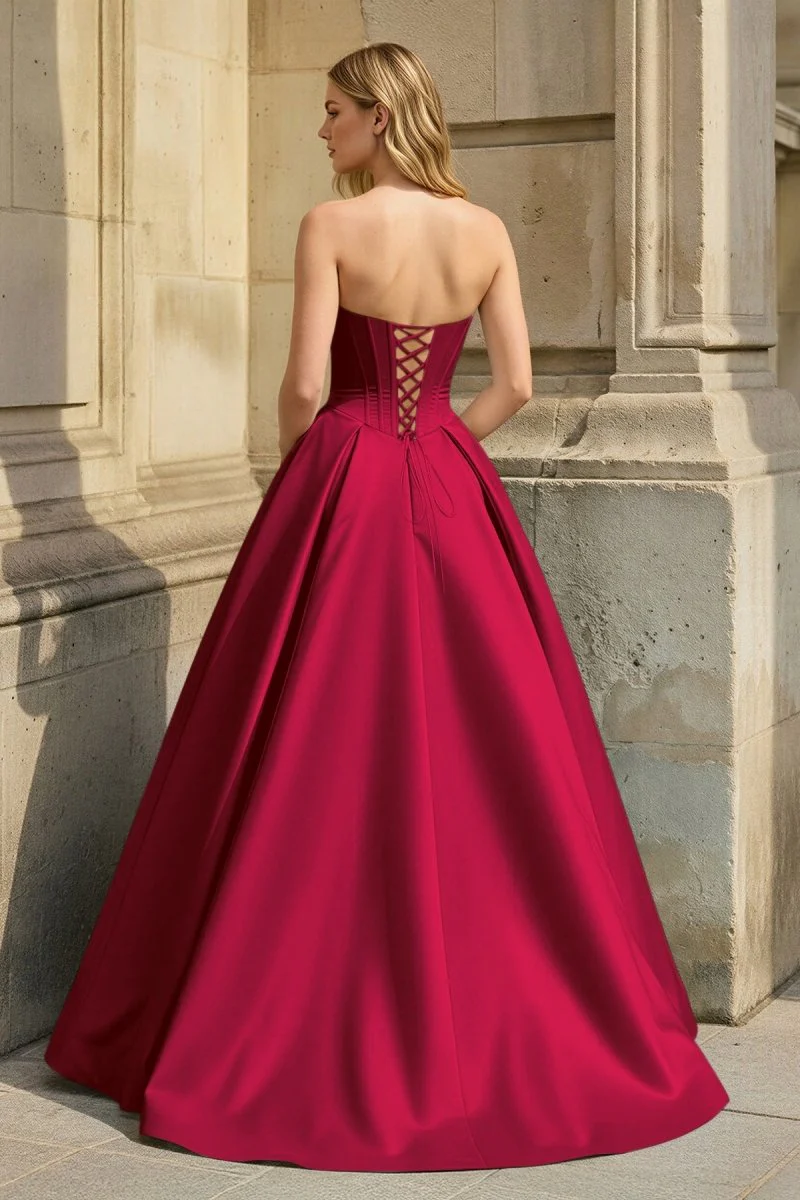 Pink Strapless A Line Pleated Satin Long Prom Dresses With Flower
