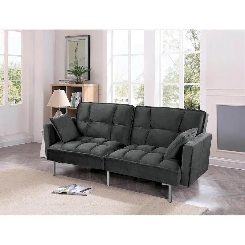 Regal Convertible Sleeper Sofa Bed Velvet Pull Out Couch with Mid-Century Style Tufted Design and Metal Legs