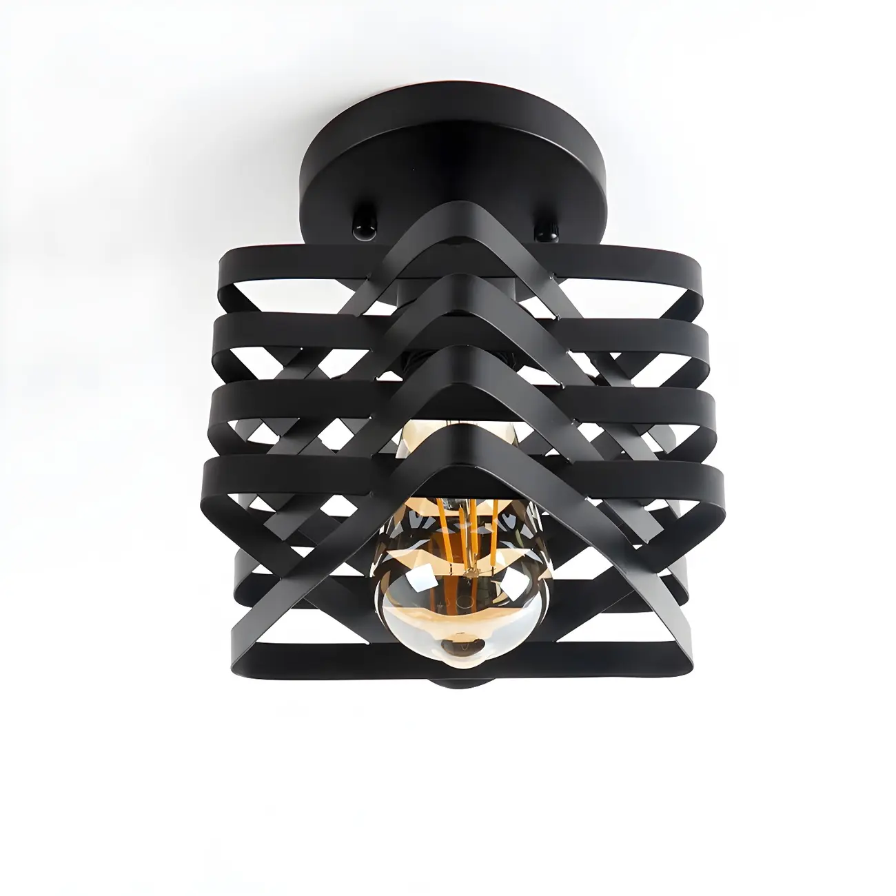 Industrial Geometric Black Iron Hallway Semi Flush Ceiling Light