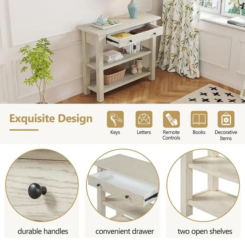 36 Farmhouse Solid Wood Console Table with Drawers and 2 Shelves