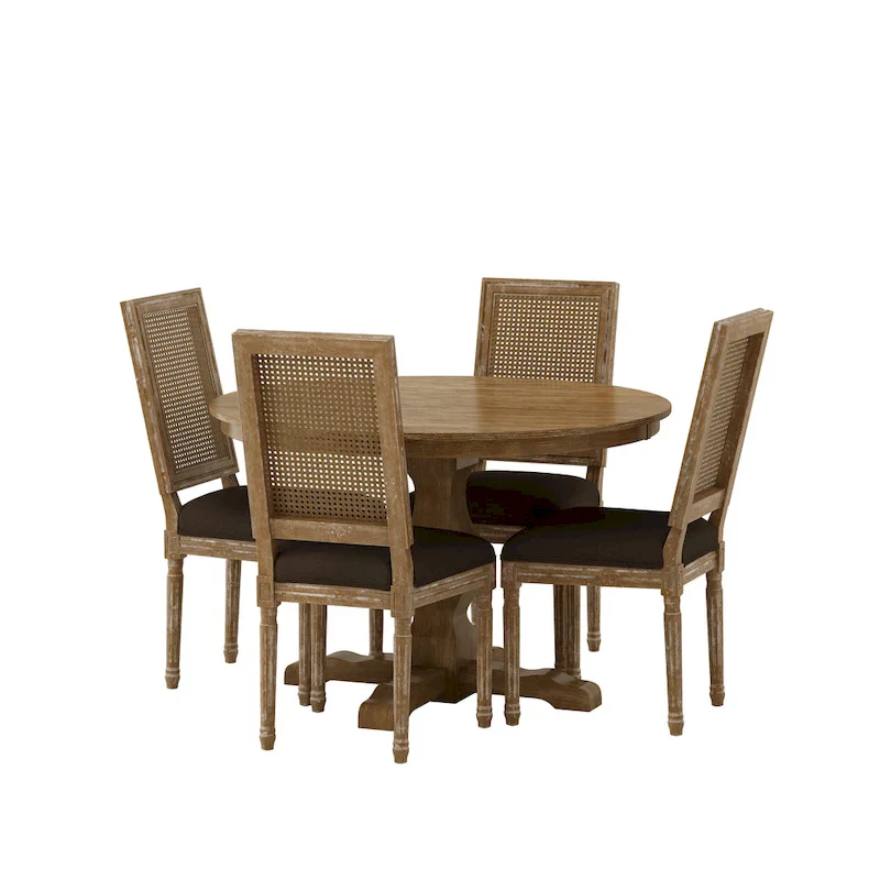 Wooden and rattan round dining table and chairs