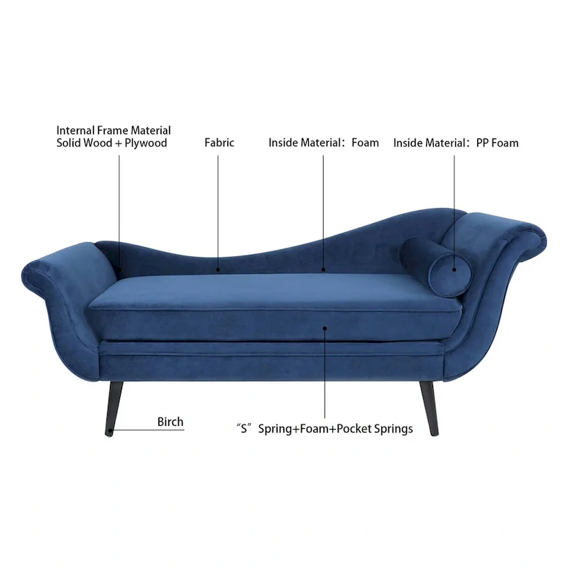 Upholstered Chaise Lounge with Scroll Arms, Accent Pillow & Solid Wood Legs