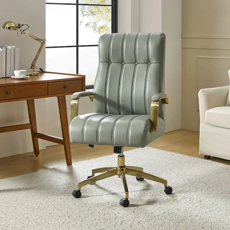 Curtiz Mid-Century Modern Vegan Leather Swivel Tilting Office Chair with Channel Tufted and Metal Feet by HULALA HOME