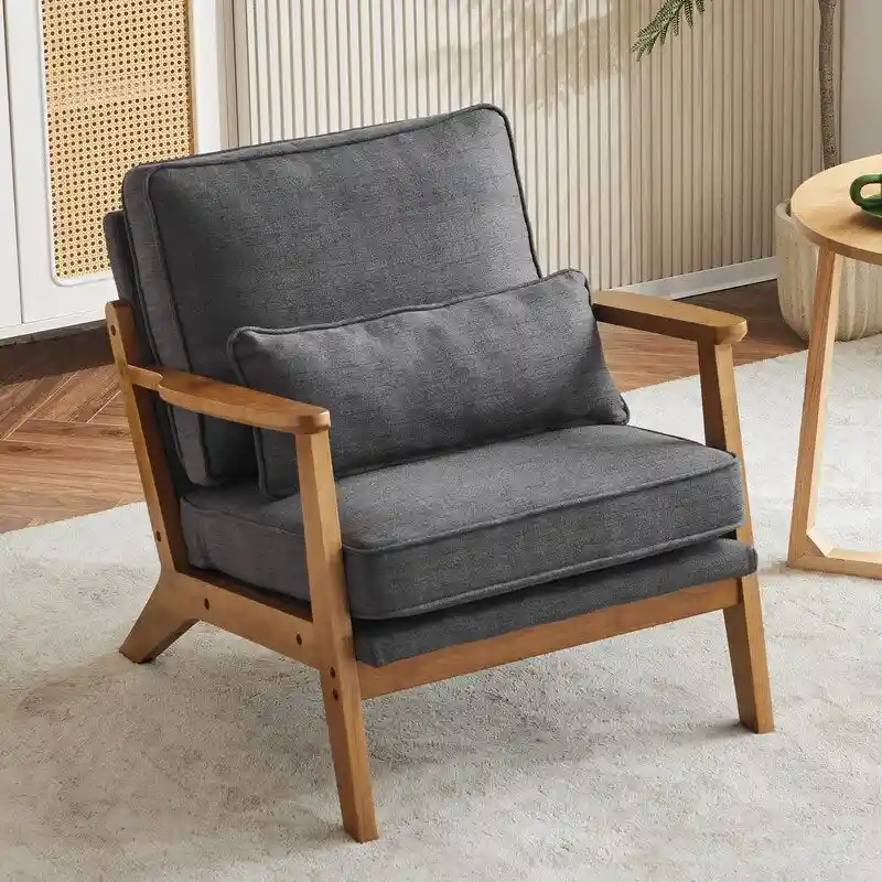 Upholstered Linen Blend Accent Chair with Wooden Legs and Pillow, Beige