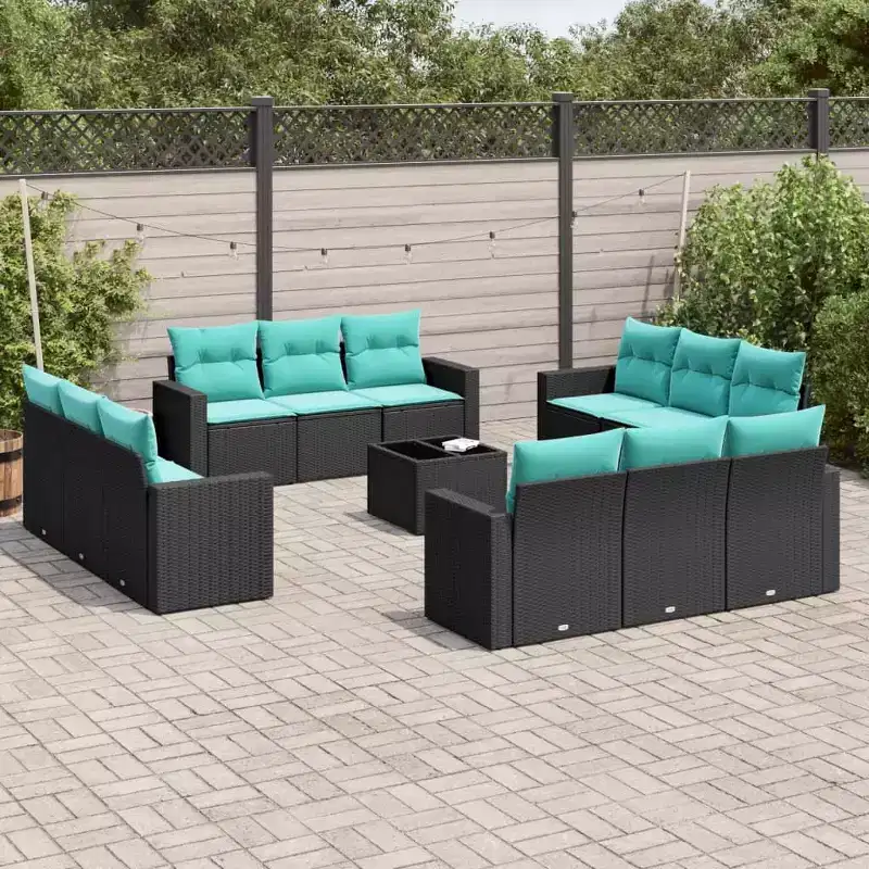 vidaXL 13 Piece Patio Sofa Set with Cushions Black Poly Rattan