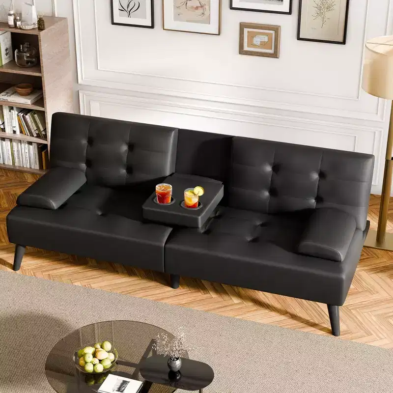 Celebalcony Futon Sofa Bed, Leather Foldable Couch,with Removable Armrests, Upholstered Loveseat Sofa with Folding Cup Holders for Home, Office, Black