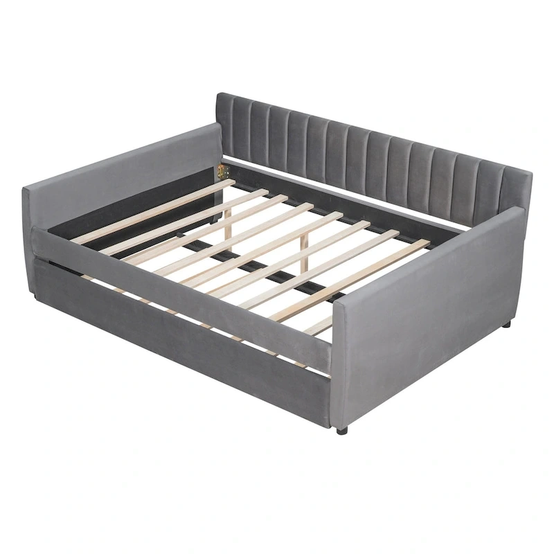 Velvet Daybed with Trundle & Wood Slats