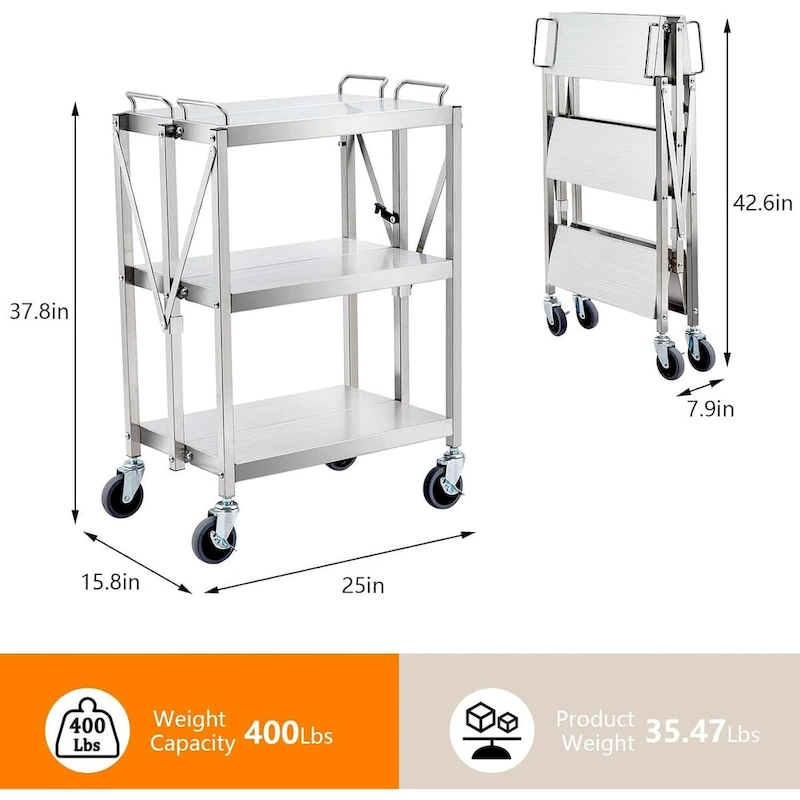 Foldable Utility Silver 3-Tier Service Cart with Wheels Lockable - N/A