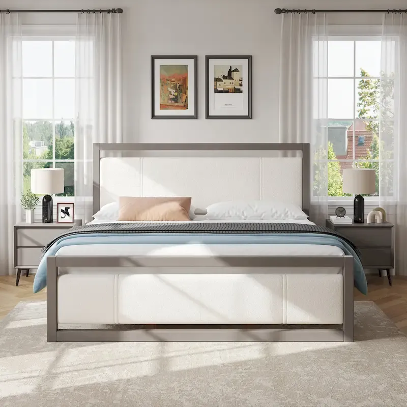 King Platform Bed with Ivory Boucle Headboard, Light Grey, Sleeps 1