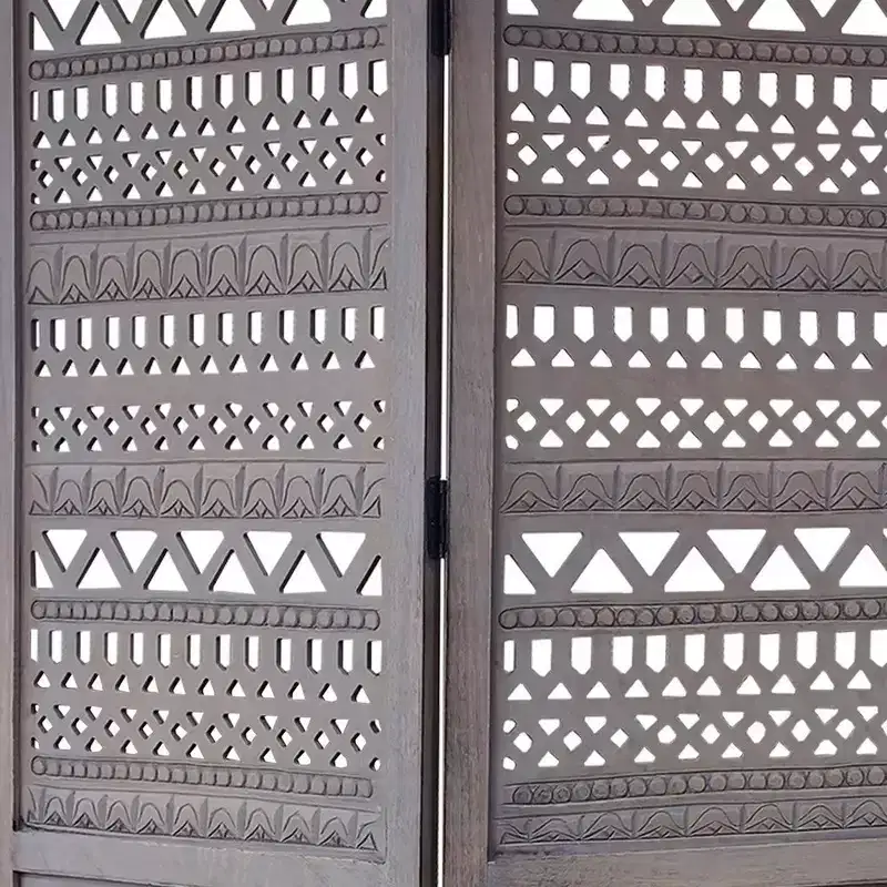 Royal Hampton 3 Panel Folding Mango Wood with Inticate Cut out Geometric Design Room Divider Screen