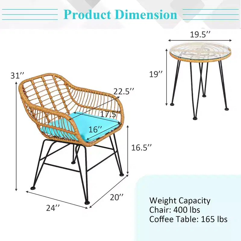 Costway 3PCS Patio Rattan Bistro Furniture Set Cushioned Chair Table