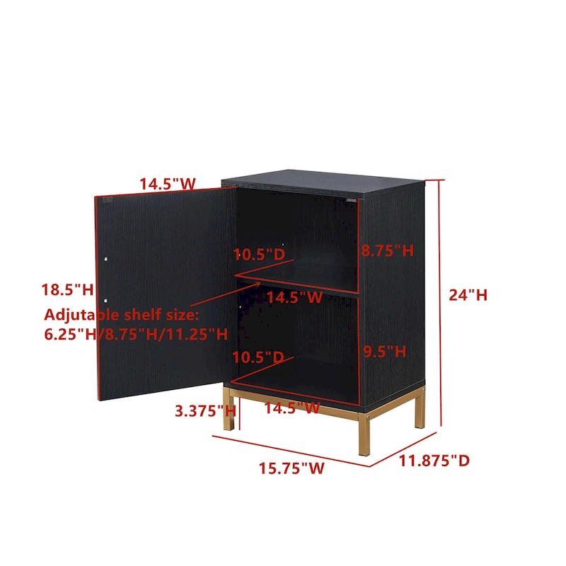 Elegant Side Cabinet with Oak Black Finish and Gold Metal Legs