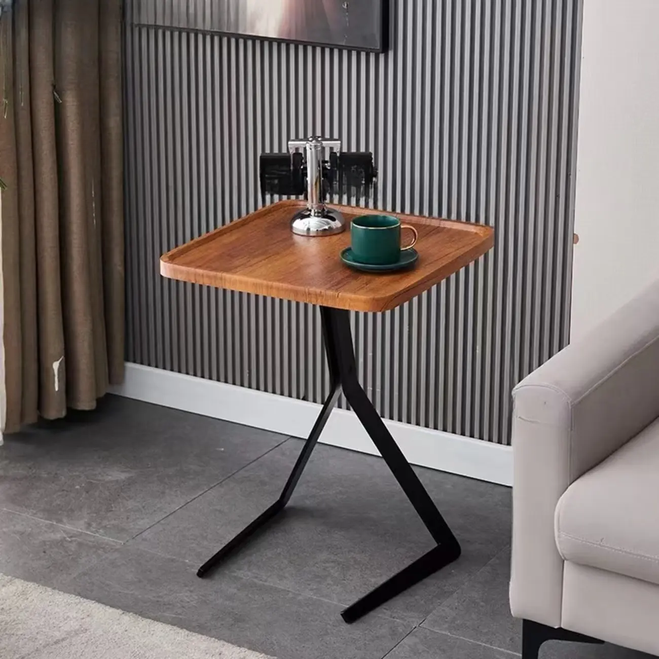 C-Shpaed Brown Wood Round Side Table with Metal Legs