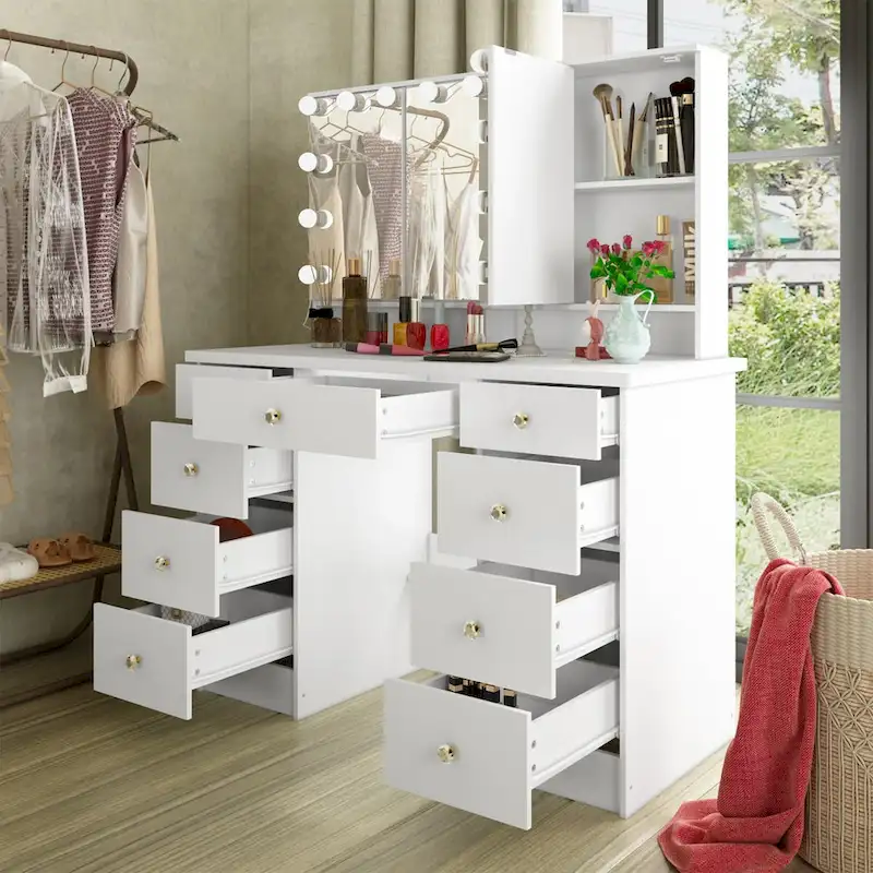 White/Black 3-Mirror 9-Drawer Vanity Desk for 1 Person