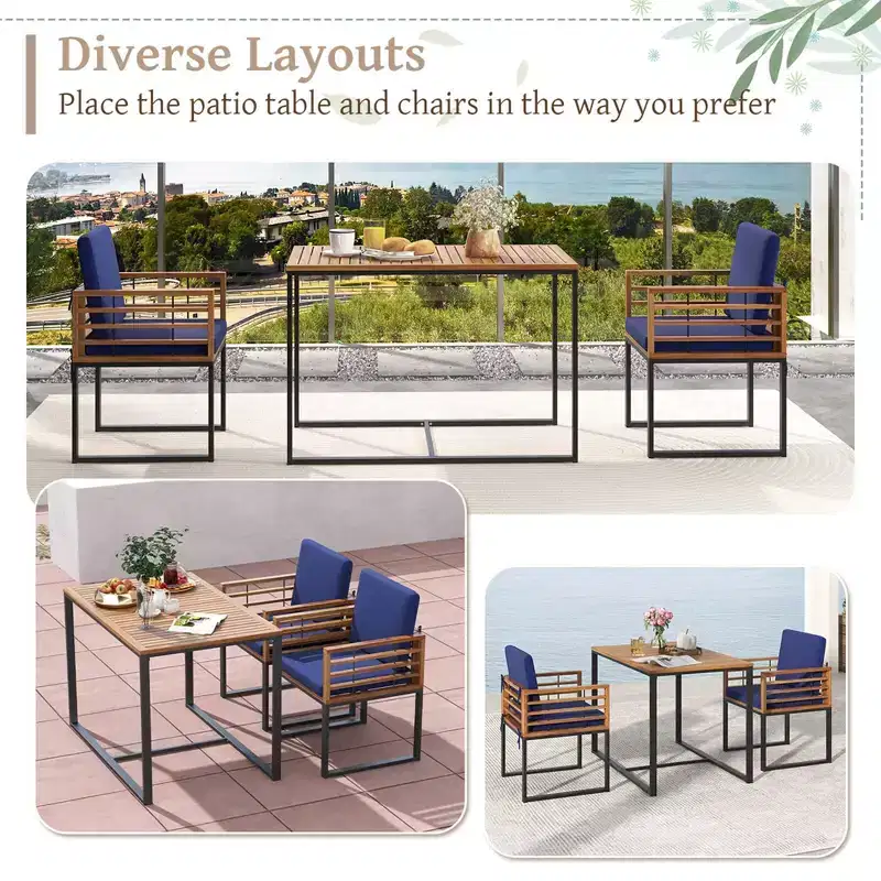 Costway 3 PCS Patio Dining Table Set with Bistro Chairs Large Coffee Table Seat Cushions