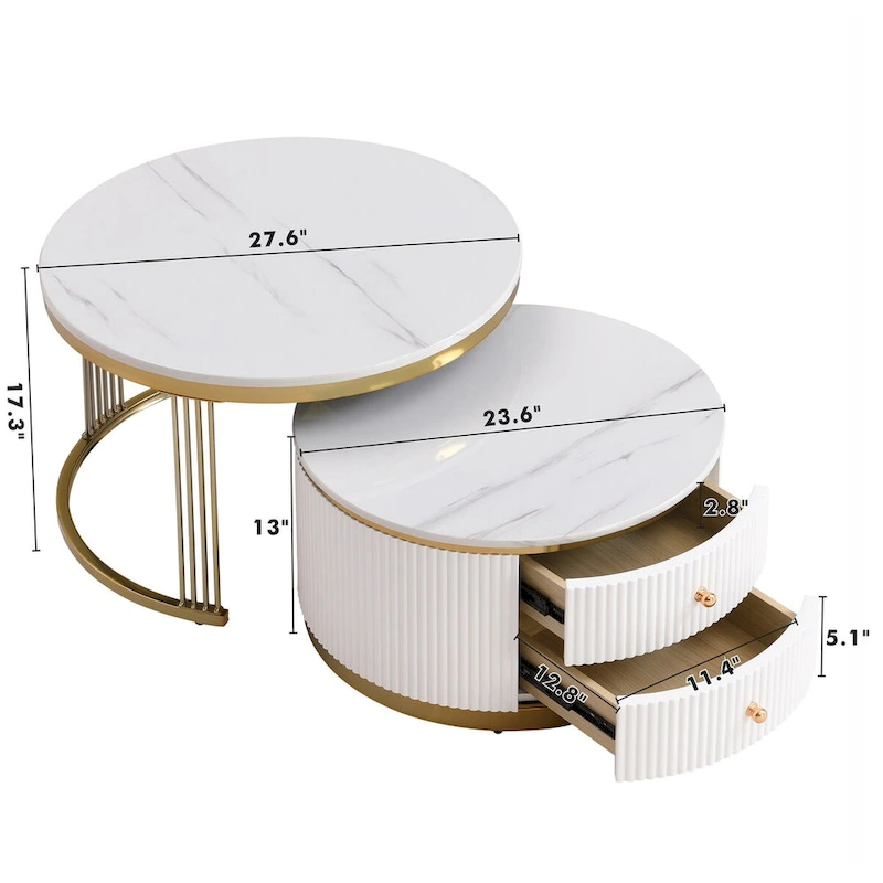 2 Pieces White Round Nesting Coffee Table with Drawers