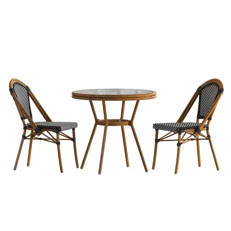 Merrick Lane Sacha Bistro Style Table with Glass Top, PE Rattan, 2 Stack Chairs, and Bamboo Finished Metal Frame for Indoor/Outdoor Use