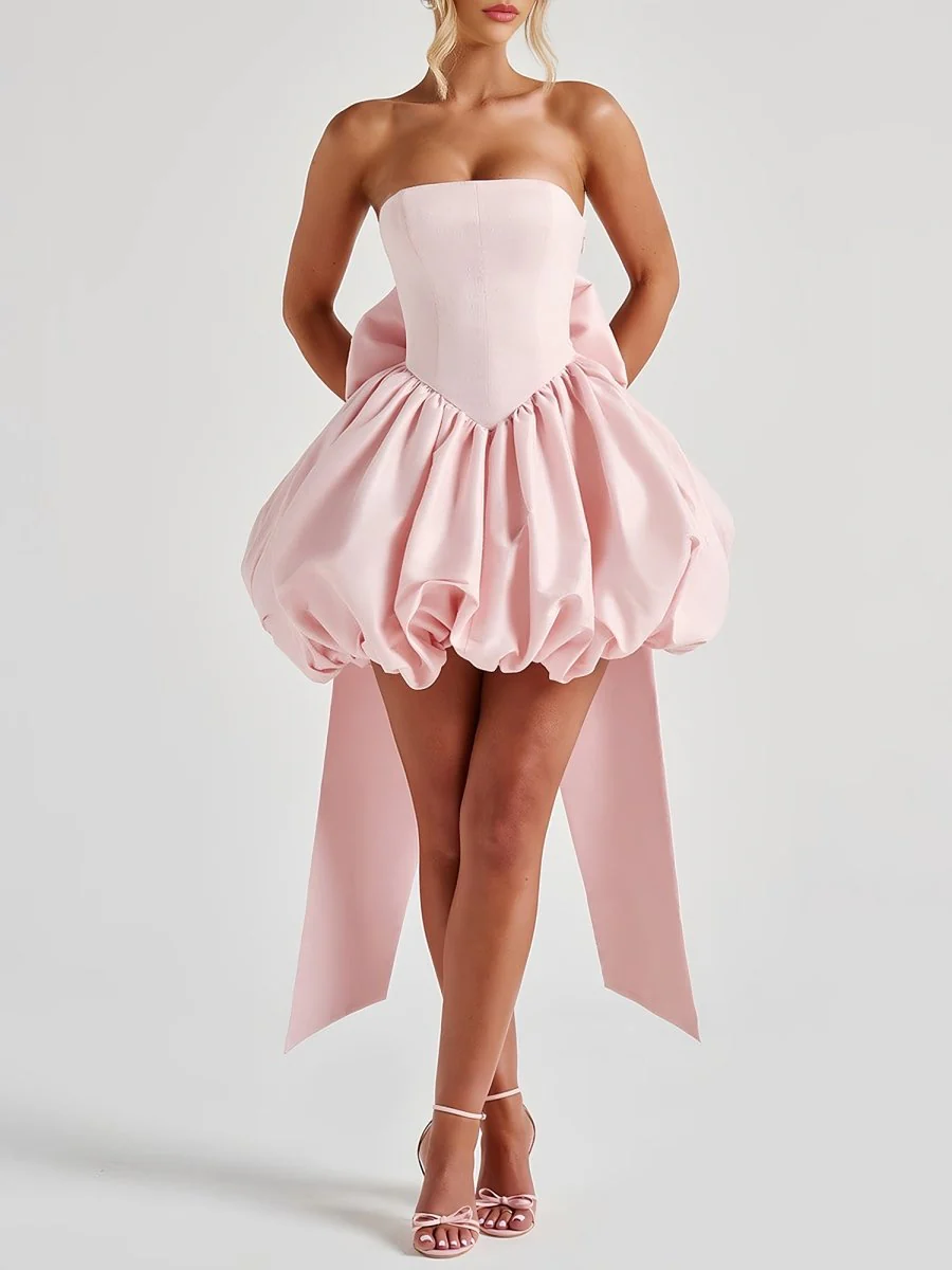 Pink - Strapless A Line Satin Short Homecoming Dress With Bow