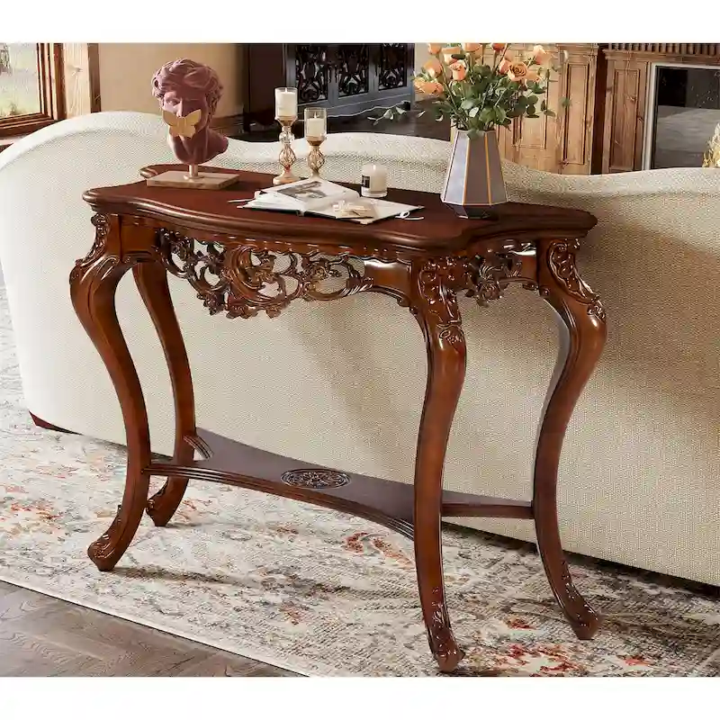 Walnut Two-Tier Carved Console Table with Lower Shelf