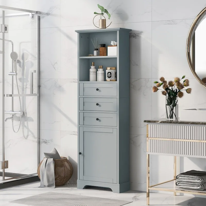 68 Tall Freestanding Bathroom Cabinet with 3 Drawers and Adjustable Shelves