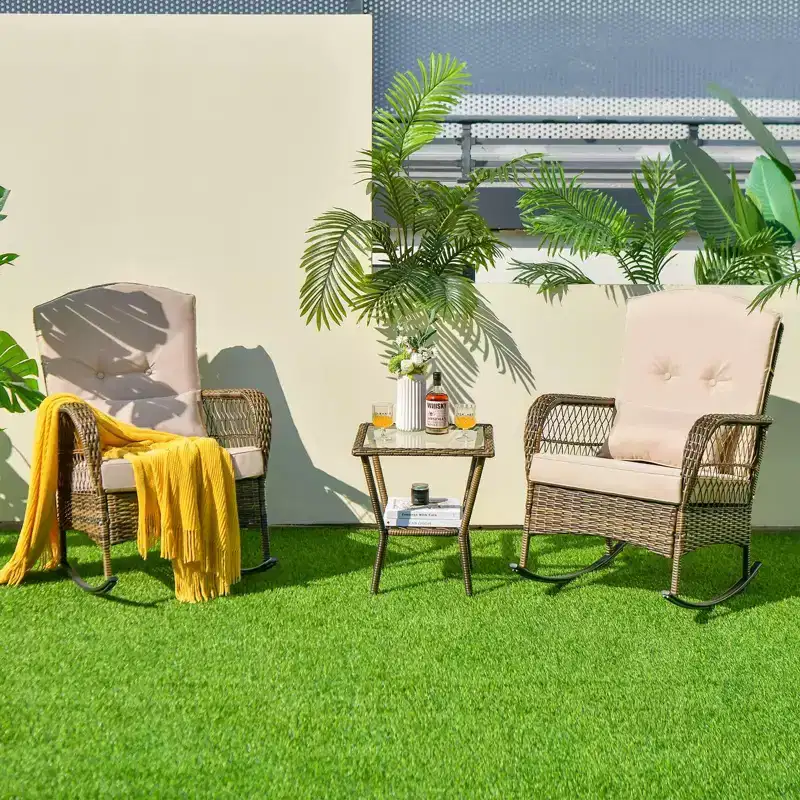 Rocking Patio Bistro Set with 2-Tier Tempered Glass Coffee Table, Thickened Cushions, Rattan Wicker Garden Furniture Set for Patio, Backyard