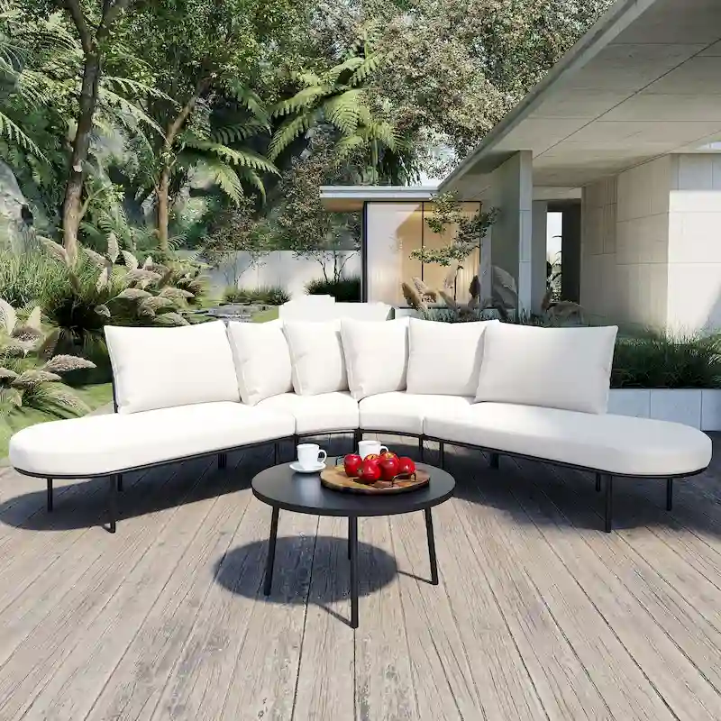 Patio Half- Moon Curved Outdoor Furniture Sofa Set with Coffee Table, All Weather Iron Frame