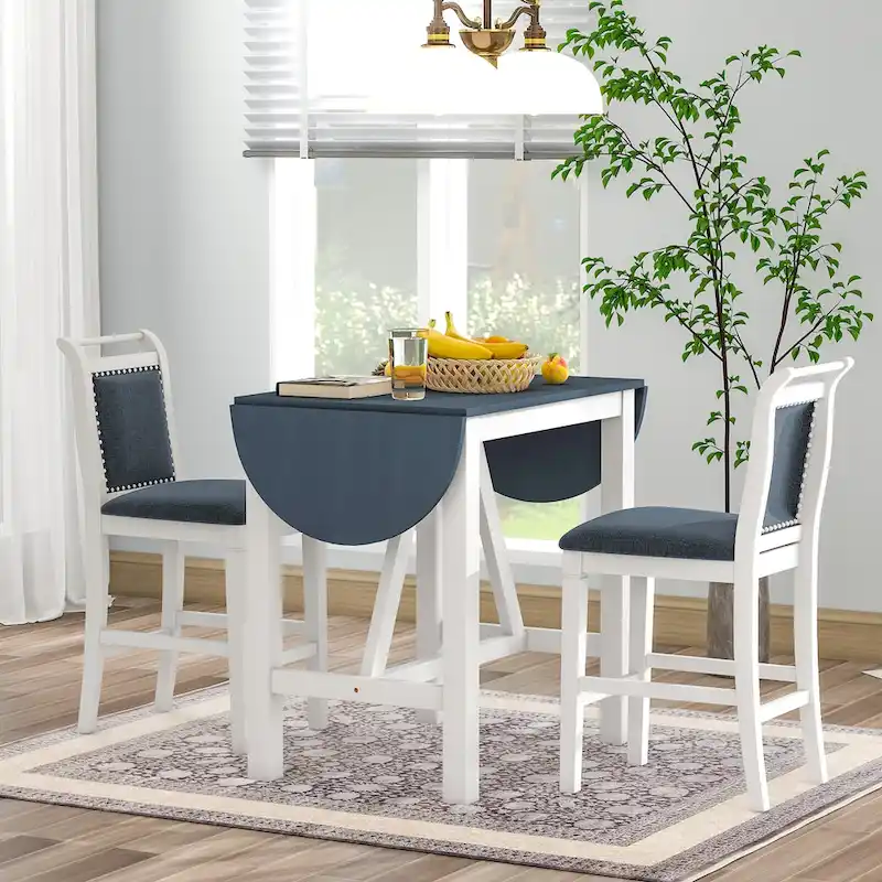 Rustic Style Wooden 3-Piece Dining Table Set with Drop Leaf and 2 Upholstered Dining Chairs