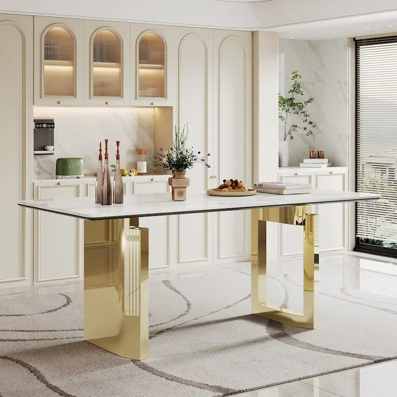 0.47 Thick Sintered Stone Composite Tempered Glass Top Rectangular Dining Table with Stainless Steel Base