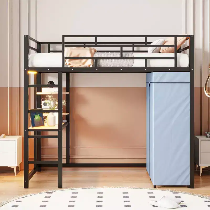 Twin/Full Size Metal Loft Bed with Desk, Shelves, Power Outlet, LED Light and Wardrobe, Black/White-ModernLuxe