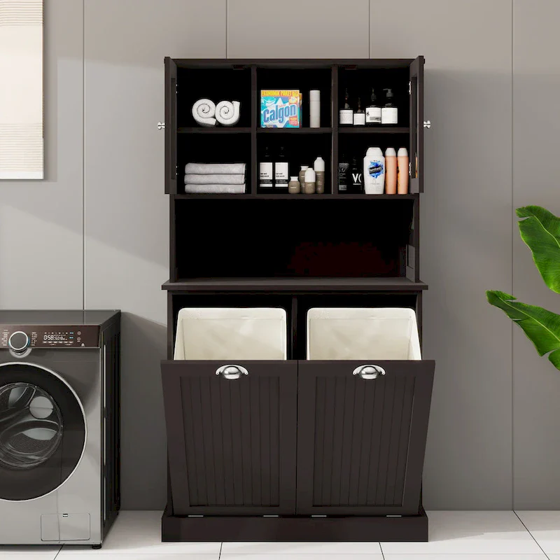 Two-Compartment Tilt-Out Dirty Laundry Basket Tall Bathroom Cabinet