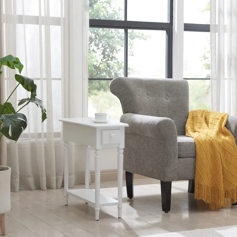 White Wood Narrow Side Table with Drawer and Shelf