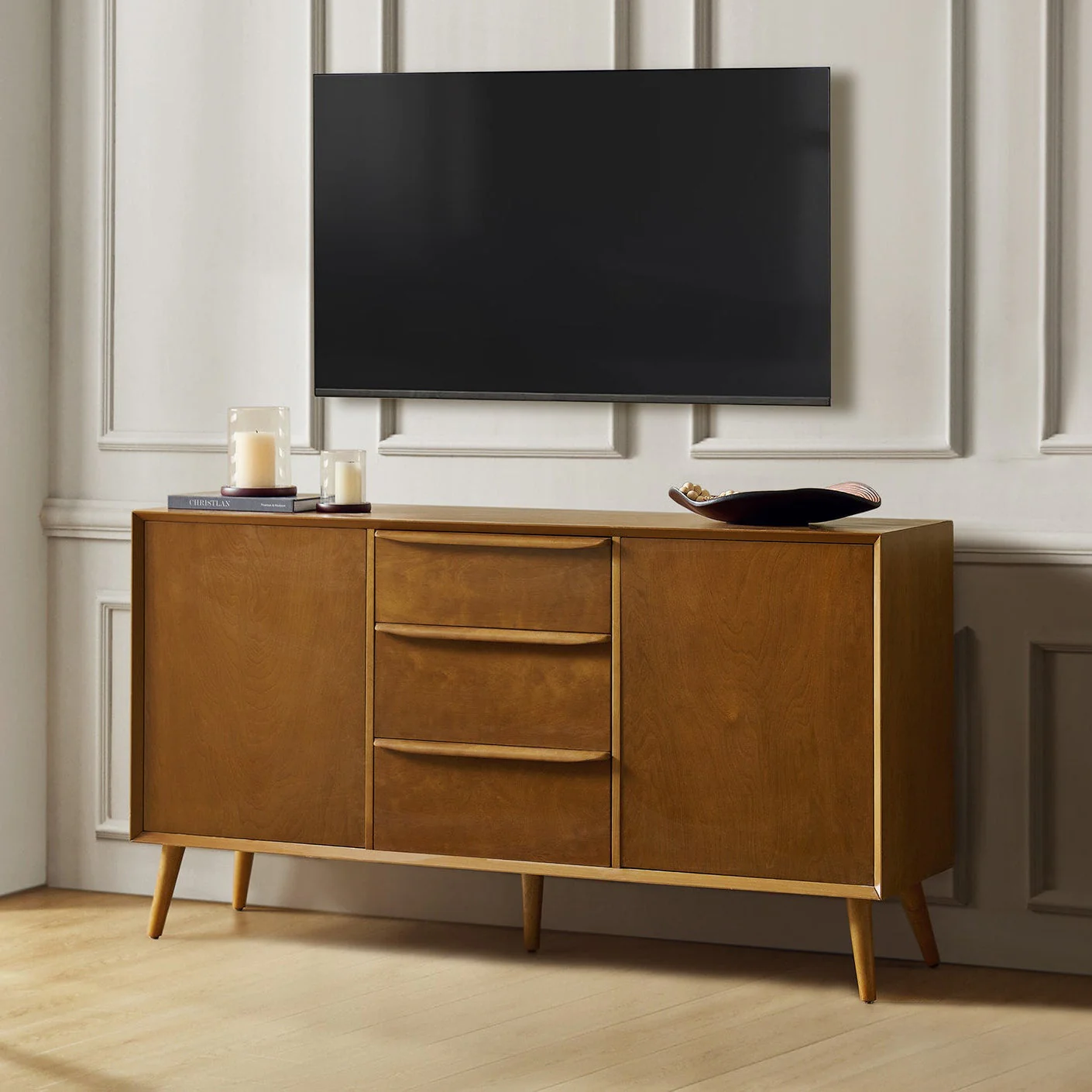 3-Drawer Sideboard with 2-Door Cabinet, Adjustable Shelves, Finished Back & Solid Wood Legs | Acorn | Single