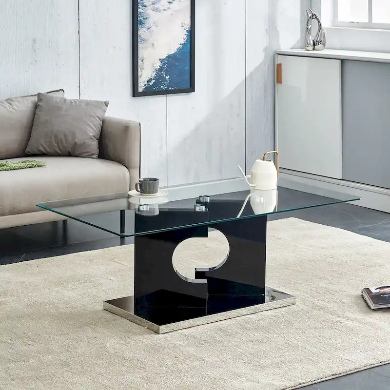 A rectangular modern and fashionable coffee table with tempered glass tabletop and white MDF legs