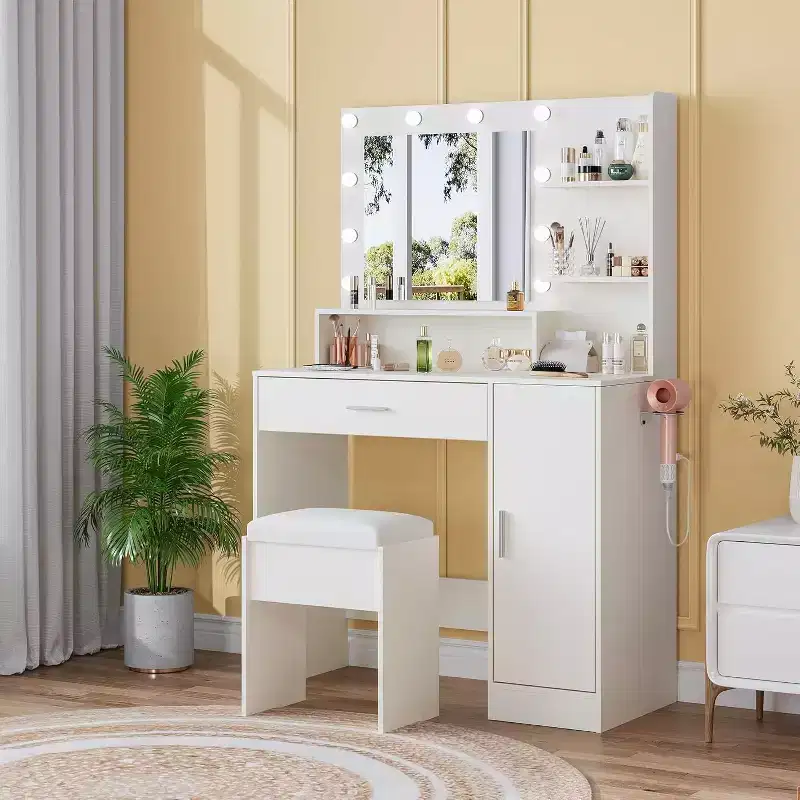 Vanity Table Set with PU Cushioned Stool, 35.4 Makeup Vanity Desk with Large Drawer & Cabinet & Hairdryer Rack, Modern Bedroom Dressing Table Set