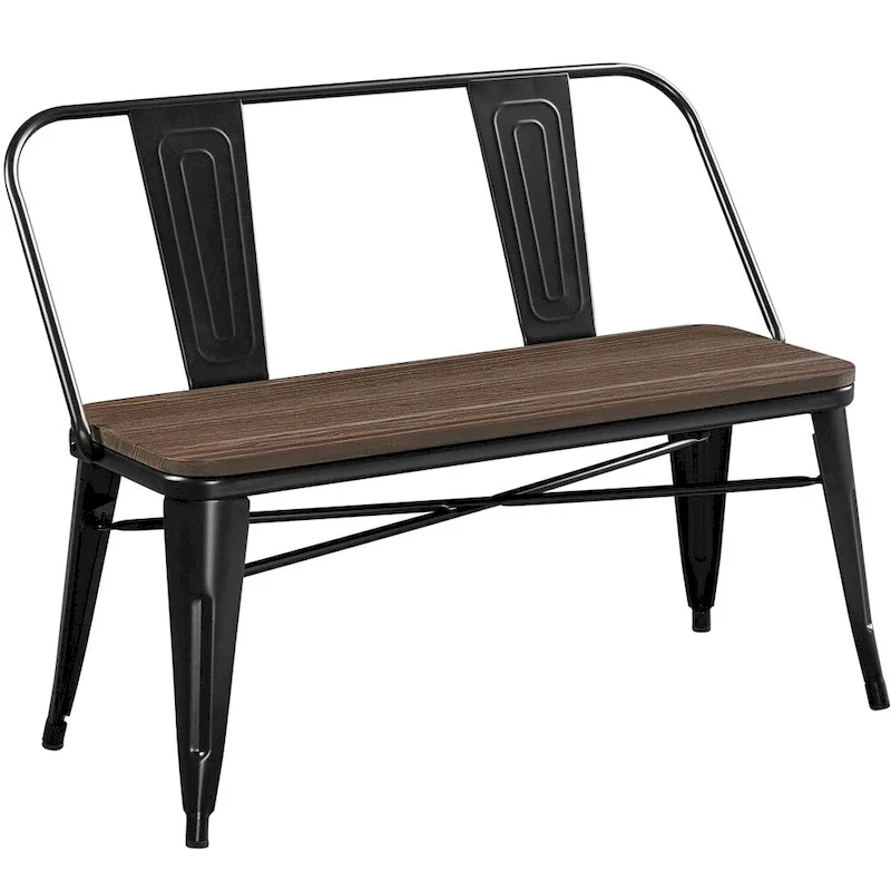 Metal Dining Bench with Wooden Top and Detachable Backrest, Black
