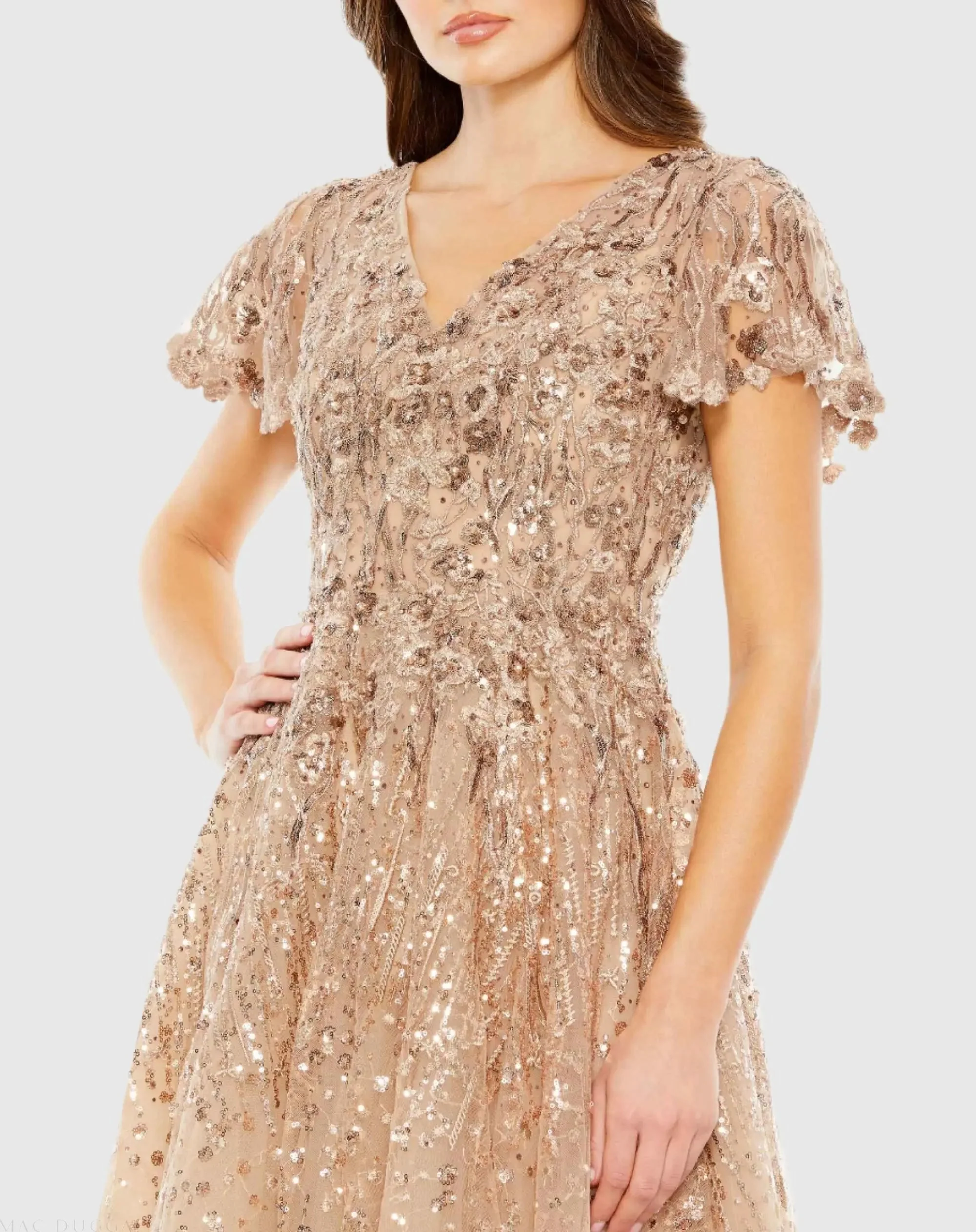 Beige Embellished Butterfly Fit and Flare Tea-Length Dress
