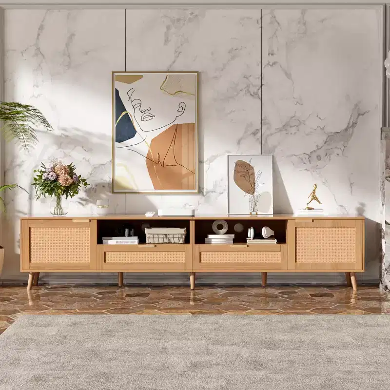 Rattan TV Stand for TVs up to 90, Boho Farmhouse Media Console Table with Storage Cabinets, Entertainment Center for Living Room-Panipeachy