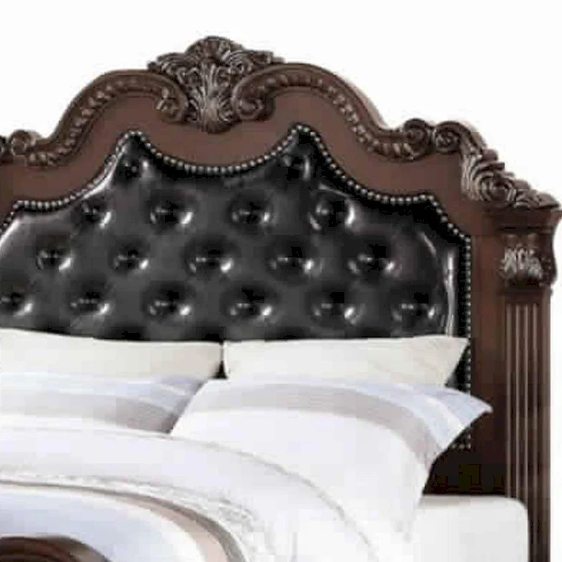 Dark Walnut Carved & Upholstered Wooden Queen Bed