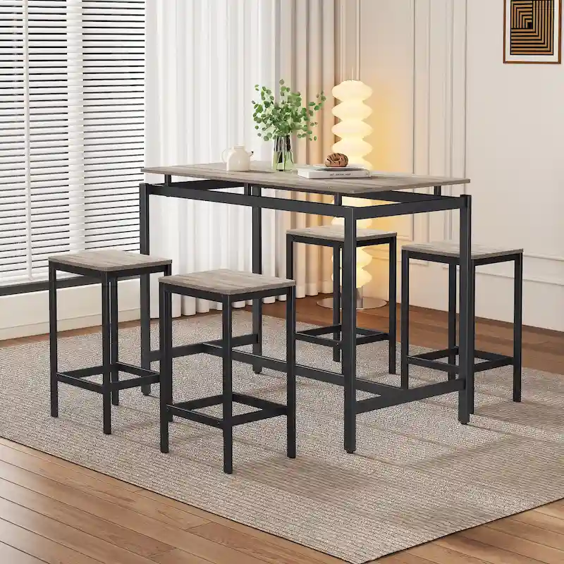 5-Piece Industrial Bar Table Set with Rectangular Table & 4 Chairs