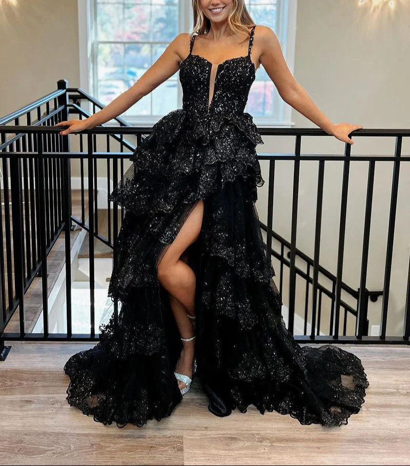 Straps Fuchsia Sequin Layered Formal Dress with Slit