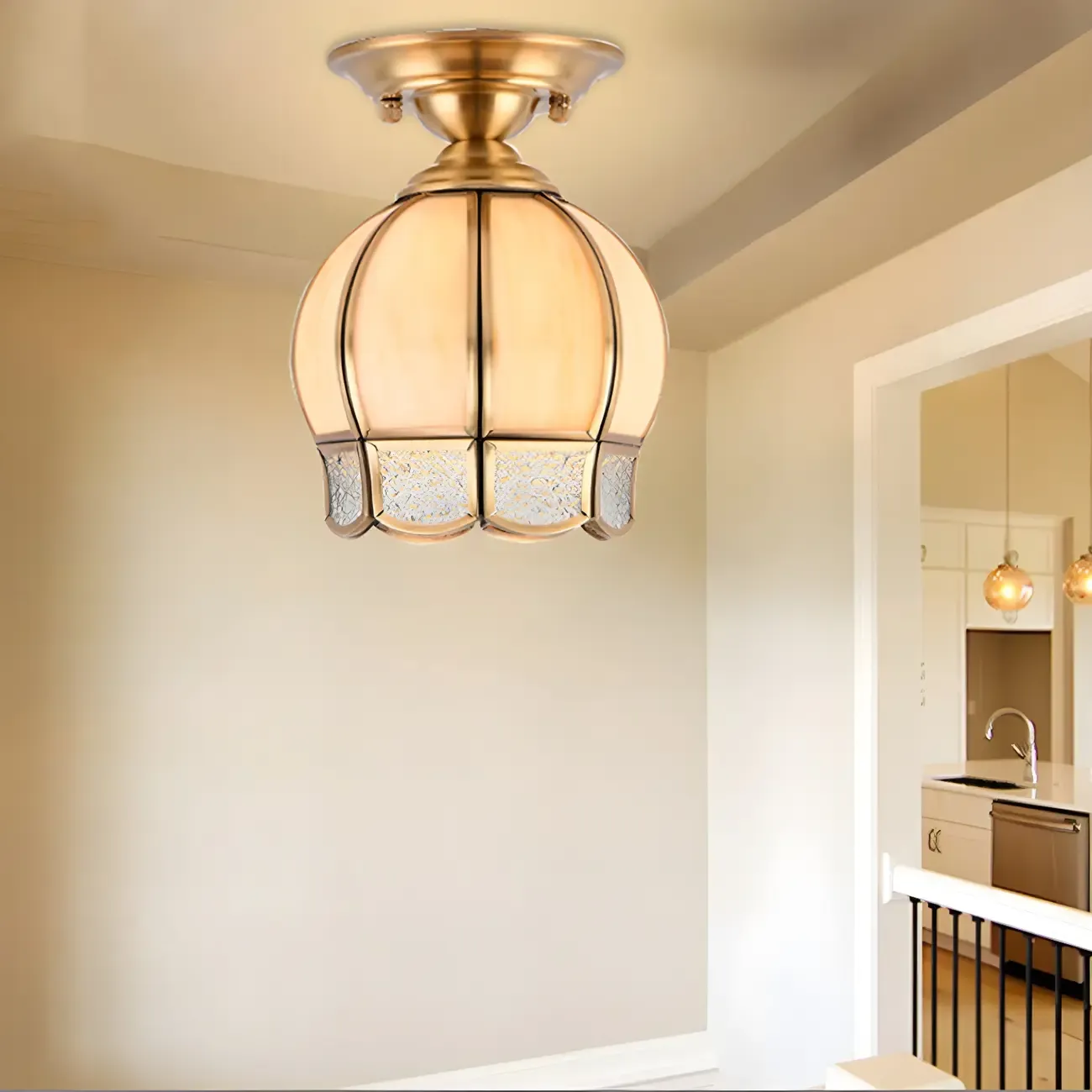 Colonial Dome Gold Glass Semi-Flush Mount Light