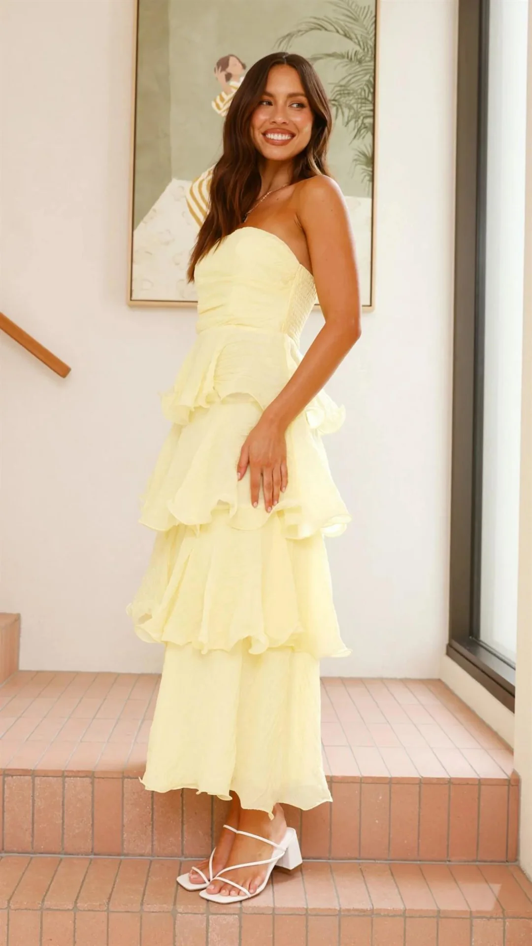 Gabby Maxi Dress - Lemon Yellow - Strapless Tiered Dress