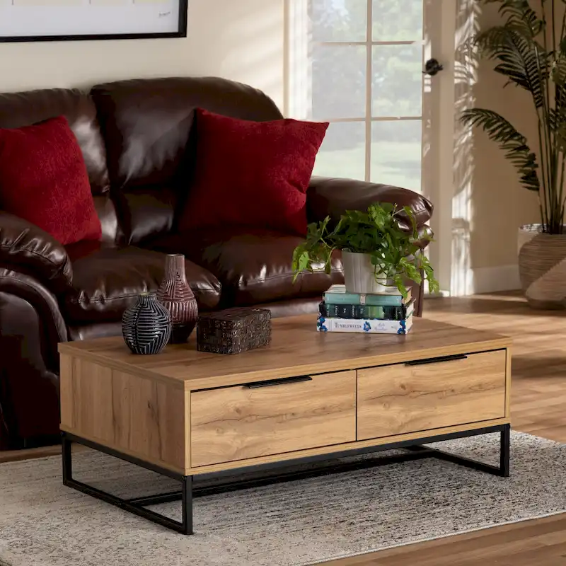 Oak & Black Modern 2-Drawer Coffee Table with Open Shelf & Black Metal Legs