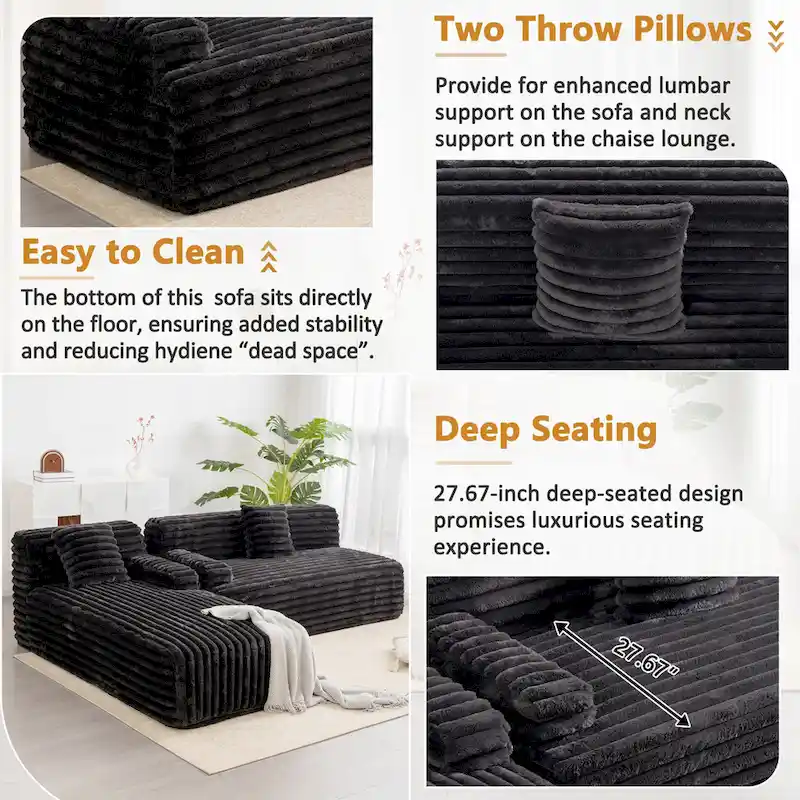 110 Faux Fur Cloud 3-Seater sat L-Shaped Sectional Sofa with Two Included Throw Pillows