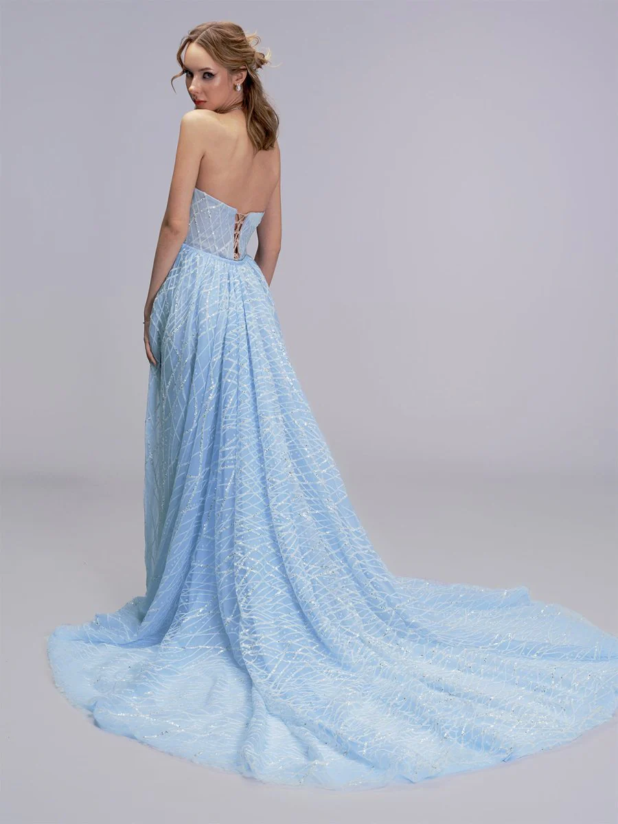 A-line Strapless Blue Long Prom Dresses Unique Evening Dress