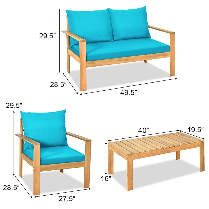 Gymax 4PCS Patio Acacia Wood Conversation Furniture Set w/ Turquoise - See Details