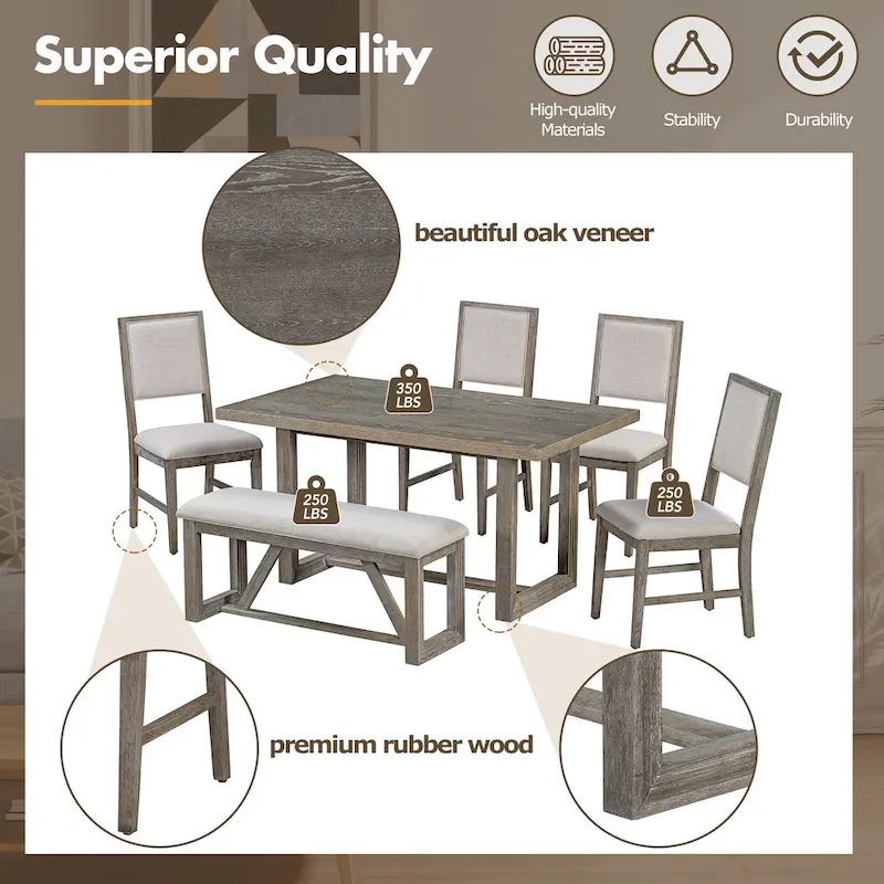 6 Piece Dining Table Chair Set, Wooden Kitchen Furniture Set with Acacia Wood Rectangular Table, 4 Chairs and 1 Bench