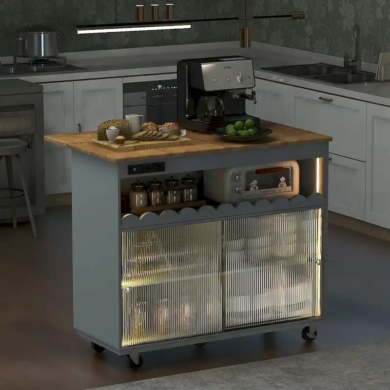 Multi-Functional Kitchen Island Cart with Drop Leaf, LED Light, and Power Outlets
